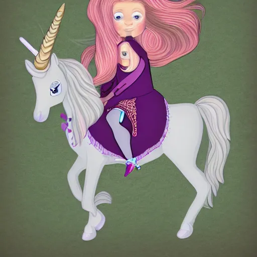 Image similar to a digital drawing of my niece as a princess with long blond hair riding a unicorn