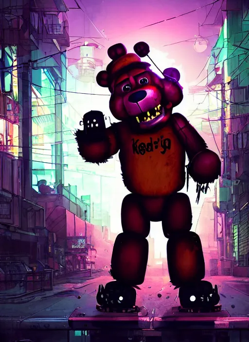 Prompt: character portrait of Freddy Fazzbear from Five Nights at Freddy's in a cyberpunk city at night while it rains. hidari, color page, tankoban, 4K, tone mapping, Akihiko Yoshida. Nomax, Kenket, Rukis. comic book style, photorealistic, professional lighting, hyperdetailed, high resolution, high quality, dramatic, deviantart, artstation, 4k, real photo