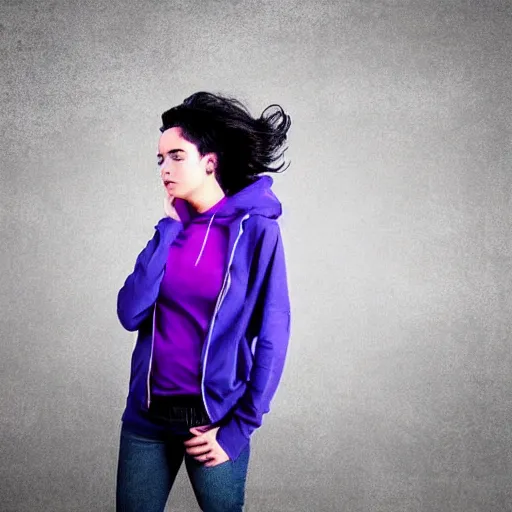 Image similar to “Sci fi, A female, full body, black hair with purple streaks, black hoodie with tech on it”