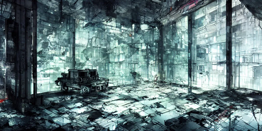 Prompt: abandoned building view from inside by yoji shinkawa, katayama bokuyo, agnes cecile, concept art, vibrant colors, 8 k