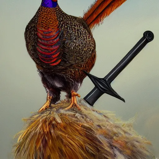 Prompt: Pheasant with sword on the belt, by lily seika jones , rivuletpaper art, very detailed, oil painting, harsh fairy tale, soft style, beautiful, high resolution, trending on artstation, steps 50