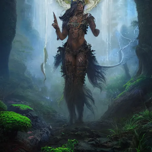 Image similar to tom bagshaw, beautiful amazon full armor, mythical cosmic shrine, soft painting render curiosities carnival pond river vegetation rocks bugs wildlife mushrooms covered moss bioluminescent wisps, beautiful stunning waterfall, accurate features, focus, very intricate ultrafine details, random volumetric lighting, fog, award winning masterpiece, octane render 8 k hd, artstation