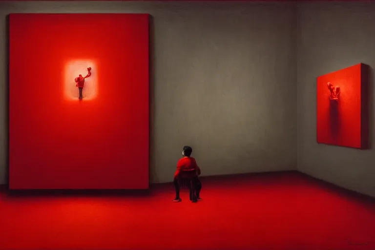 Image similar to only with red, netflix studios with workers, a big mickey mouse head in the middle of the room, in the style of beksinski, parts by edward hopper, parts by rodcenko, parts by yue minjun, intricate and epic composition, red by caravaggio, insanely quality, highly detailed, masterpiece, red light, artstation, 4 k