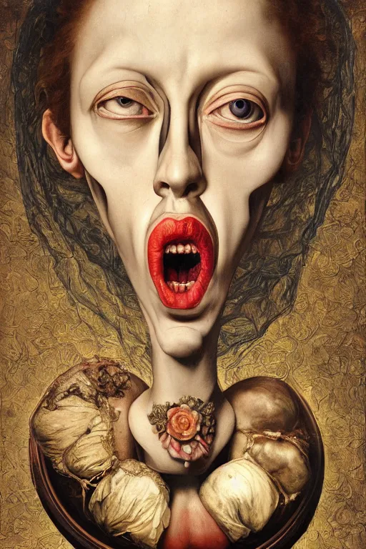 Image similar to Detailed maximalist portrait with large lips and with large wide eyes, surprised expression, surreal extra flesh and bones, HD mixed media, 3D collage, highly detailed and intricate, illustration in the golden ratio, in the style of Caravaggio, dark art, baroque