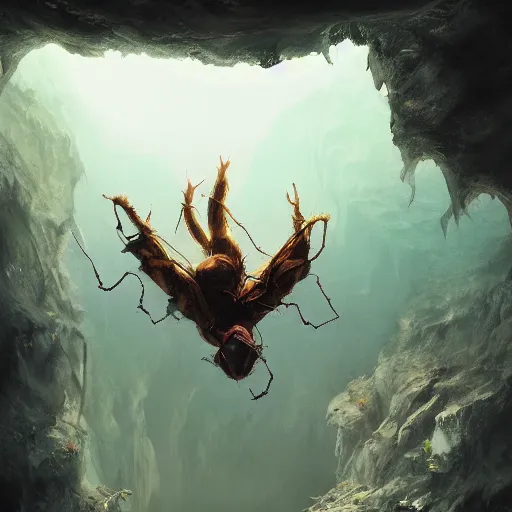 Image similar to of an anthopomorphic spider woman in a cave upside down, scary, beautiful landscape, dramatic lighting, cinematic, establishing shot, extremly high detail, photorealistic, cinematic lighting, post processed, concept art, artstation, matte painting, style by greg rutkowsky