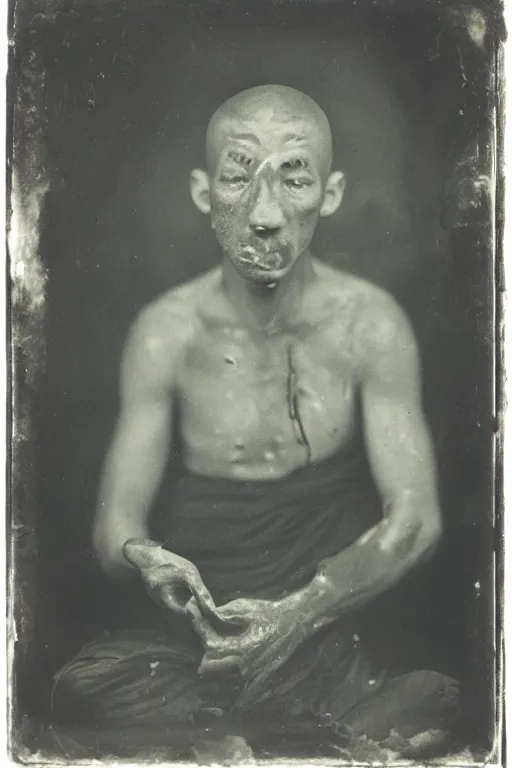 Prompt: a wet plate photo of a weasel monk