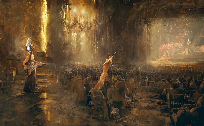 Image similar to craig mullins and ghibli digital art of on the stage of the theater, a masked female violinist performs alone, dressed in exotic costumes, gold jewelry, and black hair realistic shading, cinematic composition, realistic render, octane render, detailed textures, photorealistic, wide shot