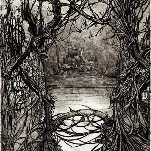 Prompt: fantastic underwater world, environment, building, faerie magic, cast iron fence, thorns, briarwood, overgrown, by Arthur Rackham, extremely detailed