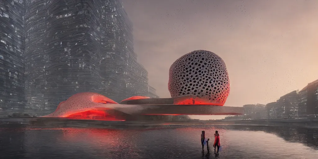 Image similar to An epic architectural rendering of a blob shaped trypophobia house with a mysterious red glow emitting from inside in a modern cityscape next to a river, by Zaha Hadid and Greg Rutkowski, tunning, gorgeous, golden ratio, photorealistic, featured on artstation, 4k resolution