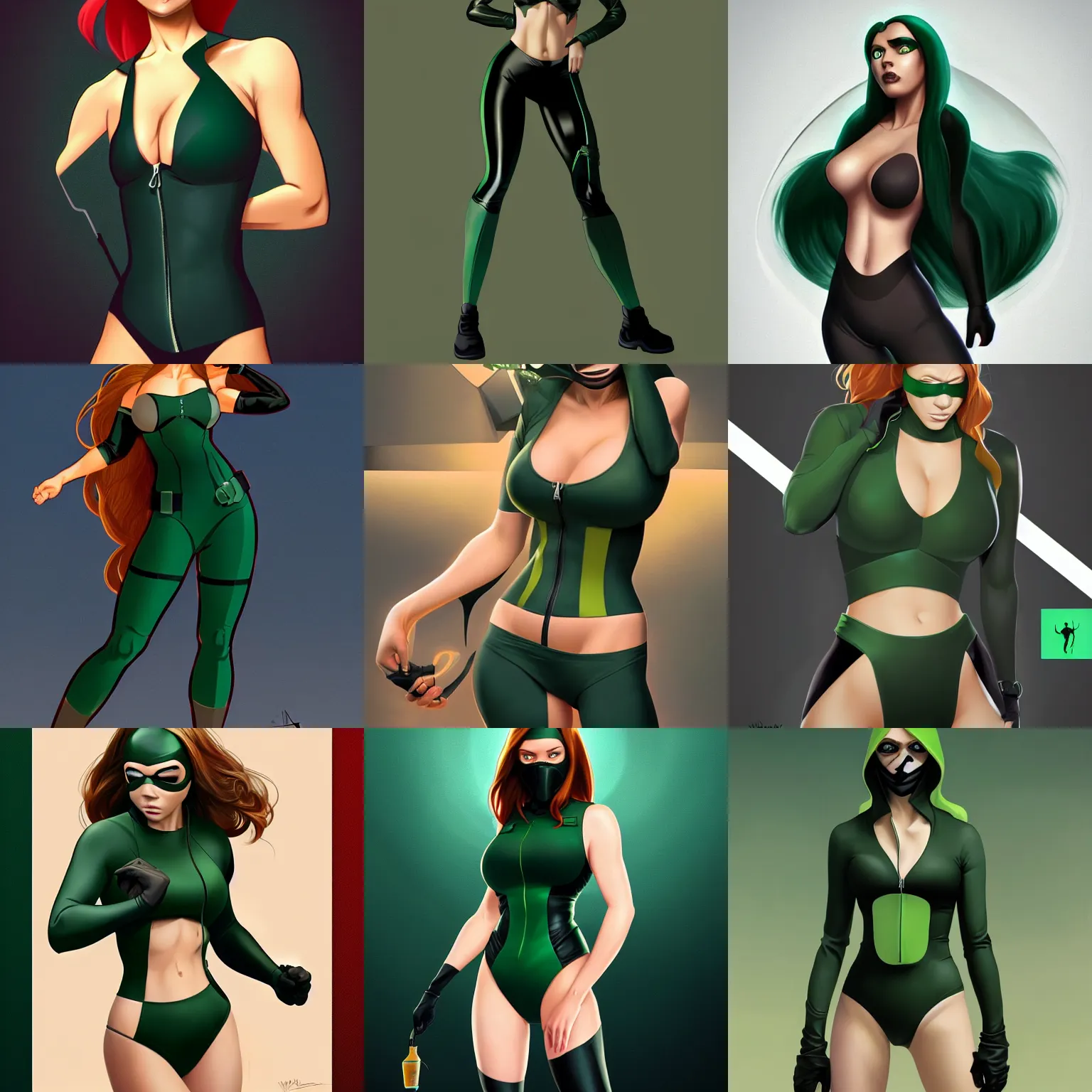 Prompt: striking character concept portrait, kim possible, dark green swimsuit with zipper, ninja mask covering mouth, curvaceous. detailed, high quality, very dark lighting, many shadows, high contrast, fantasy, reflective suit, spotlight. digital artwork by artgerm and wlop and alex ross and alphonse mucha, trending on artstation