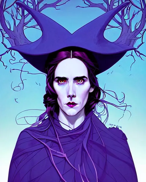 Image similar to in the style of Joshua Middleton comic art, beautiful witch spooky female, Jennifer Connelly, blue and purple glowing hair, perfect eyes perfect symmetrical eyes, symmetrical face, black magic, dark forest background, painterly style