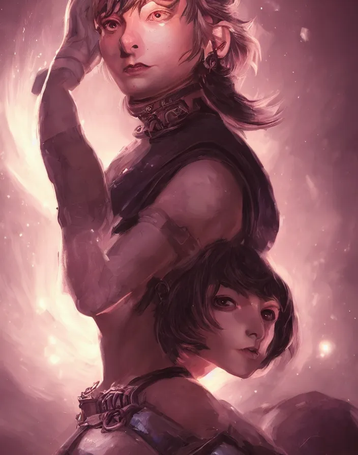 Prompt: An epic fantastic realism comic book style portrait painting of a pretty young sorcerous woman, short pixie haircut, glowing eyes, D&D Concept Art, unreal 5, DAZ, hyperrealistic, octane render, cosplay, RPG portrait, dynamic lighting