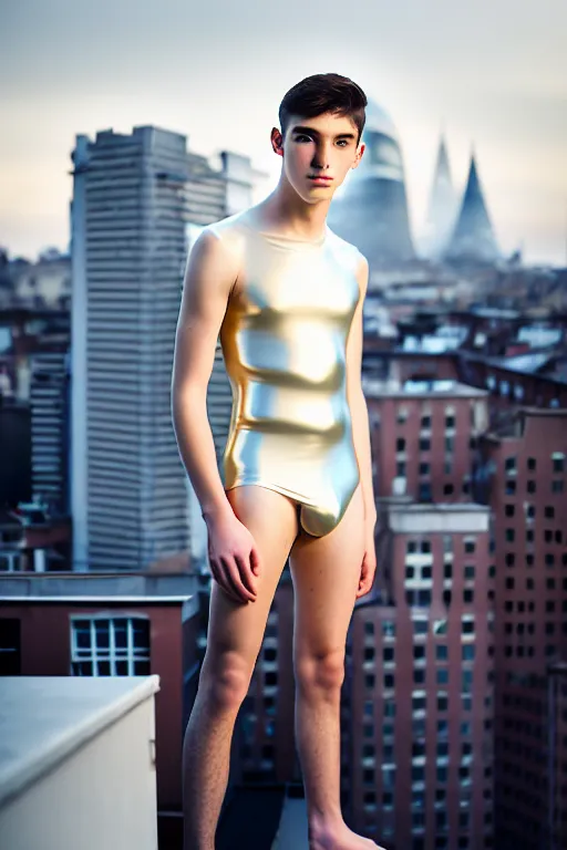 Image similar to un ultra high definition studio quality photographic art portrait of a young man standing on the rooftop of a british apartment building wearing soft padded silver pearlescent clothing. three point light. extremely detailed. golden ratio, ray tracing, volumetric light, shallow depth of field. set dressed.