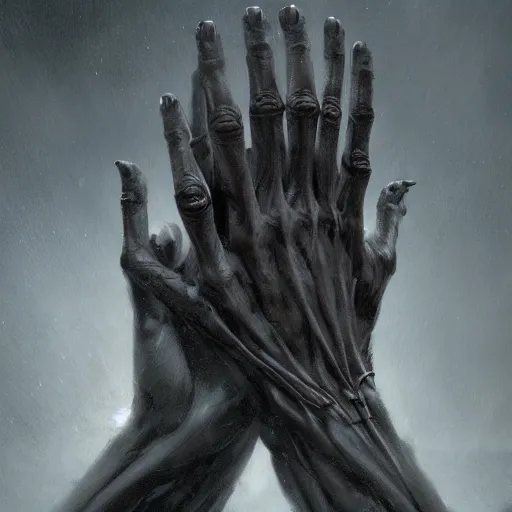 Image similar to The hands of god and the hands of death reaching together, vertical symmetry, detailed hands, detailed skeleton hands, beautiful moody artwork by Greg Rutkowski and Asher Duran