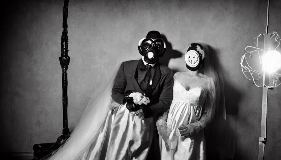 Image similar to disturbing big budget hollywood movie bride and groom wearing gas masks at the marriage of reason and squalor perfect composition dramatic lighting chiaroscuro