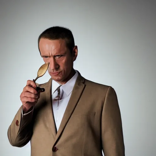 Prompt: Photo of a stern man in a beige peak lapel suit holding up a spoon in his hand in a menacing way, chiaroscuro, medium shot, cinematic promo material