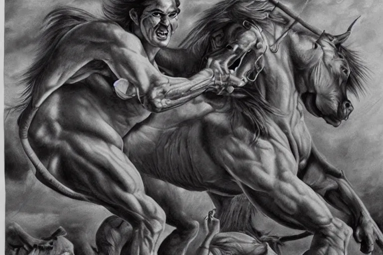 Image similar to beautiful lifelike painting of a centaur centaur centaur chimera tom cruise torso, majestic cinematic, hyperreal detailed facial features and uv lighting, art by ed roth and basil wolverton