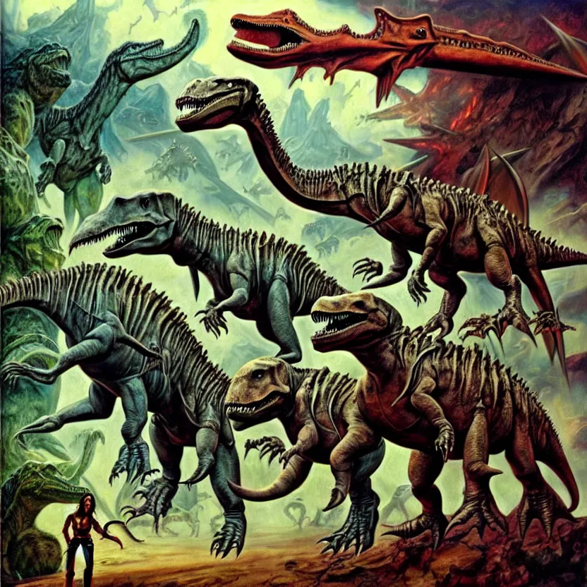 Prompt: metalheads riding dinosaurs in the space jungle, boris vallejo style, lord of the rings