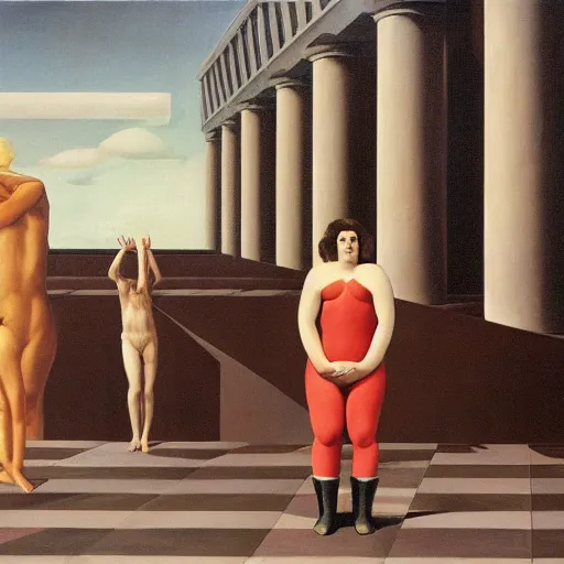 Prompt: problem of evil, godless, symbolic, freudian, by de chirico and magritte and paula rego and neo rauch