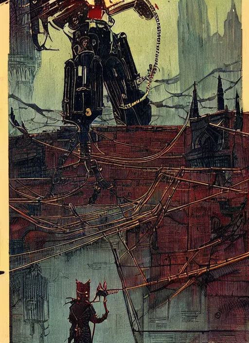 Image similar to a hunter from bloodborne vs robot in yharnam, style by retrofuturism, faded red and yelow, by malcolm smith, old comics in city, nicholas roerich