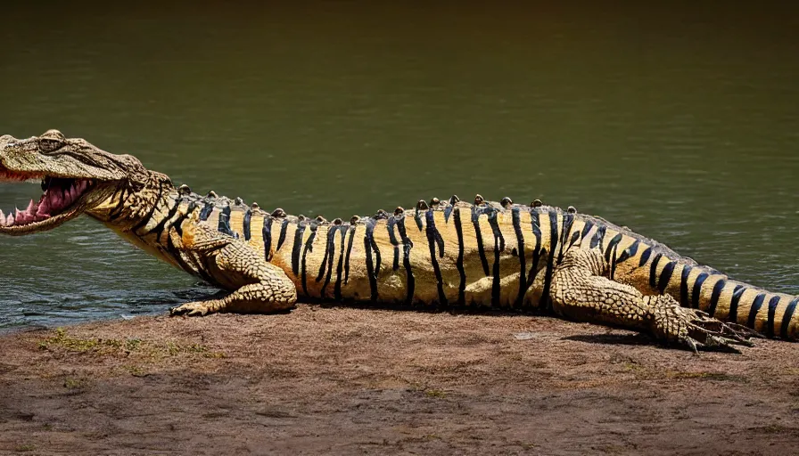 Image similar to an alligator tiger!!! hybrid! hyper realistic!! realistic lighting!! wildlife photographer of the year!!! bold natural colors, national geographic, hd, wide angle, 8 k