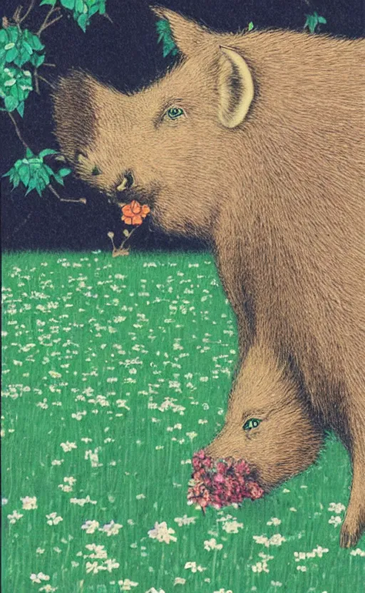 Image similar to by akio watanabe, manga art, a single boar eating in a field of clovers, trading card front