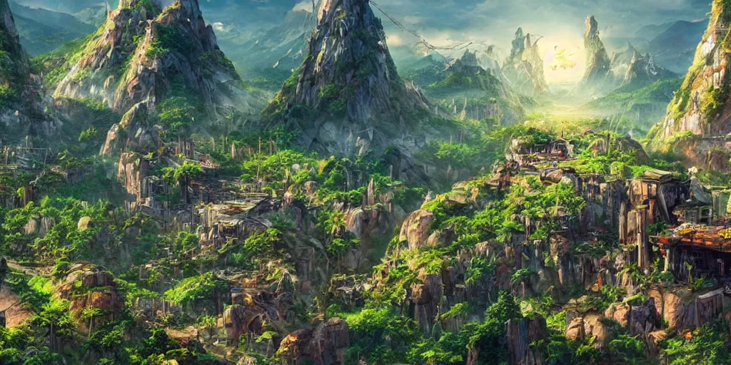 Prompt: a cinematic composition : where a myserious character floats atop a mountain radiating his transformative energy, the energy shifts the cybernetic cyberpunk civilization in the valley to a lush green overgrowing solarpunk civilization