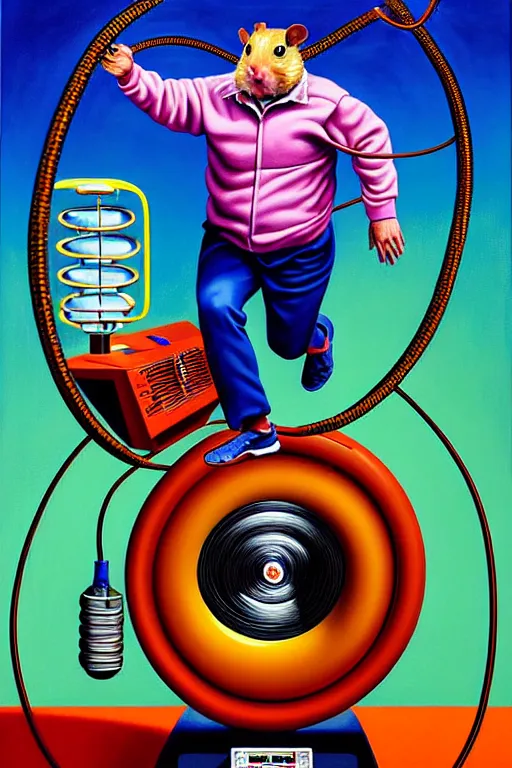 Image similar to a hyperrealistic painting of a man running on a hamster wheel, hooked up to wires and electrodes, powering a generator. cinematic horror by jimmy alonzo, the art of skinner, chris cunningham, lisa frank, richard corben, highly detailed, vivid color,