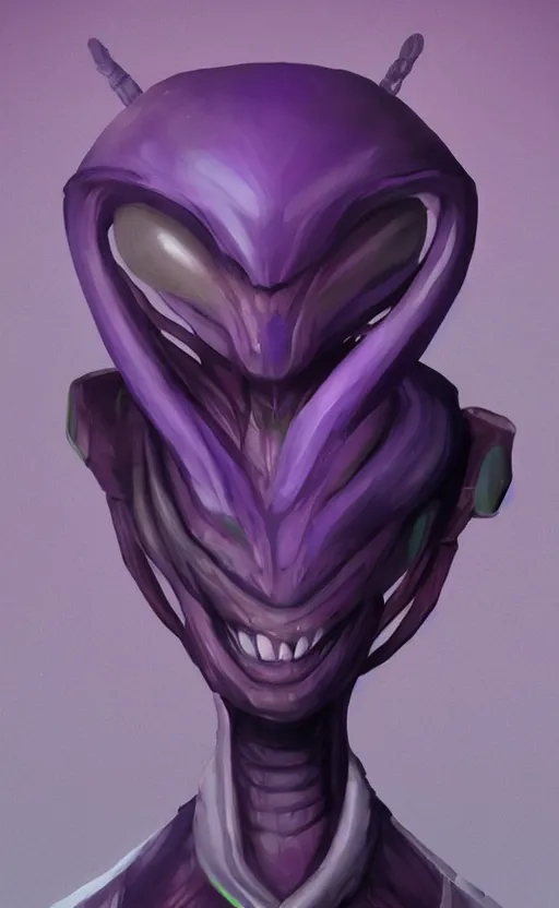 Image similar to character portrait art, ant alien, trending in artstation, purple color lighting