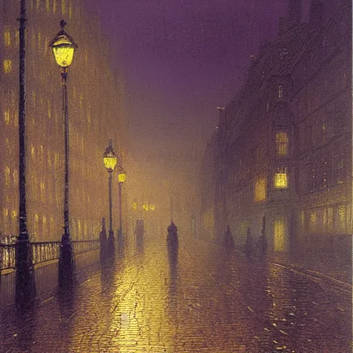 Prompt: a beautiful painting of a street of london at night, street lamps on, foggy, misty, atmospheric, by john atkinson grimshaw