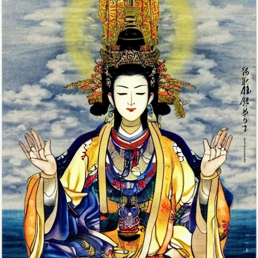 Prompt: Guanyin Of The Southern Seas a realistic setting with muted colors, Visual Novel, in a symbolic and meaningful style, by Yoshitaka Amano, by Zeng Fanzhi