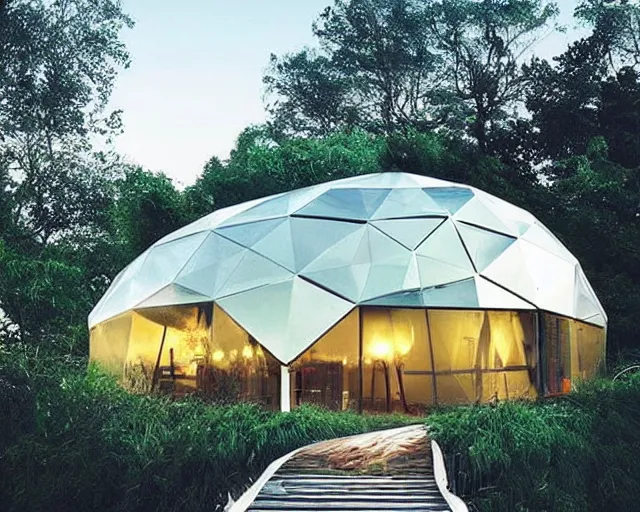 Image similar to futuristic innovation. modular dome house. there is paradise in heaven. smoky ambience. slight green glow in the very far distance. as seen in my dreams of heaven.