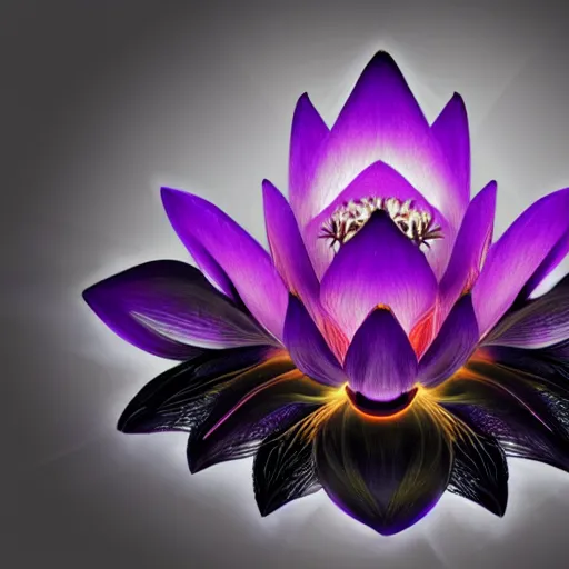 Image similar to a beautiful and detailed illustration of a black lotus with fractal fibonaucci sequence of glowing purple petals, in the style of magic the gathering, highly detailed, digital painting, god rays, volumetric lighting, octane render, 4 k resolution, art by artgerm and greg rutkowski and alphonse mucha, masterpiece, in a luminist baroque style