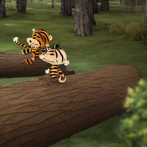 Image similar to hyperrealistic cgi render of calvin and hobbes walking across a log, extreme detail