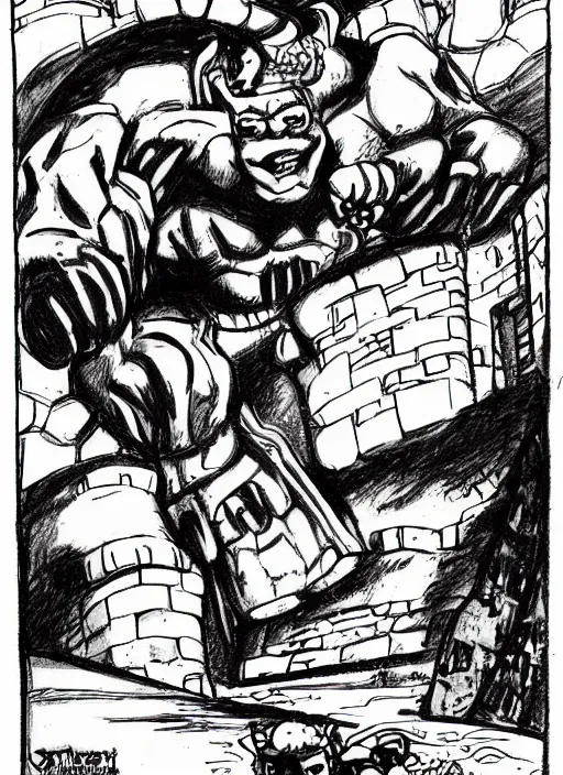 Image similar to detailed children's comic book drawing of a ( cute ogre ) looking at a ( stronghold castle ) by jack kirby!!! and gris grimly, cinematic, epic, awesome bright color palette, hard contrast, black ink outlines