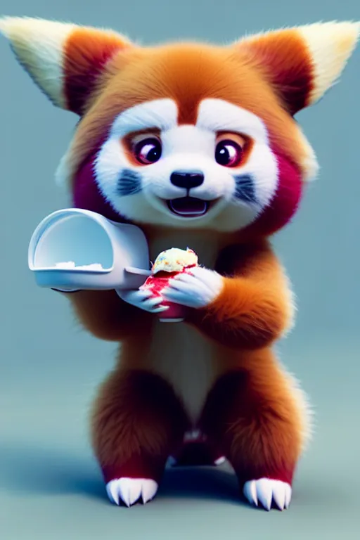 Image similar to high quality 3 d render hyperrealist very cute pastel fluffy red panda & koala hybrid stuffing mouth with ice cream, vray smooth, in the style of detective pikachu, very dramatic light, low angle, uhd 8 k, shallow depth or field