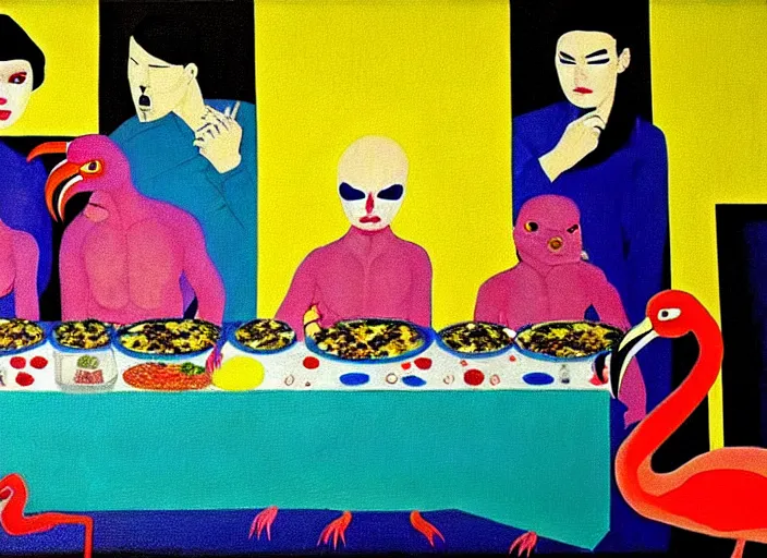 Prompt: pixel decollage painting last supper image of a criminal yakuza reptile family in oriental clothes in an old italian restaurant feasting over alien brain salad and roasted flamingo dishes and drinking neon blue wine, painted by Mark Rothko, Helen Frankenthaler, Danny Fox and Hilma af Klint, pixelated, neo expressionism, semi naive, pastel colors, cinematic, color field painting, cave painting, voxel, pop art look, outsider art, minimalistic. Bill Traylor painting, part by Philip Guston and Francis Bacon. art by Adrian Ghenie, very coherent symmetrical artwork, cinematic, hyper realism, high detail, octane render, unreal engine, Smooth gradients, depth of field, full body character drawing, extremely detailed, 8k, extreme detail, intricate detail, masterpiece