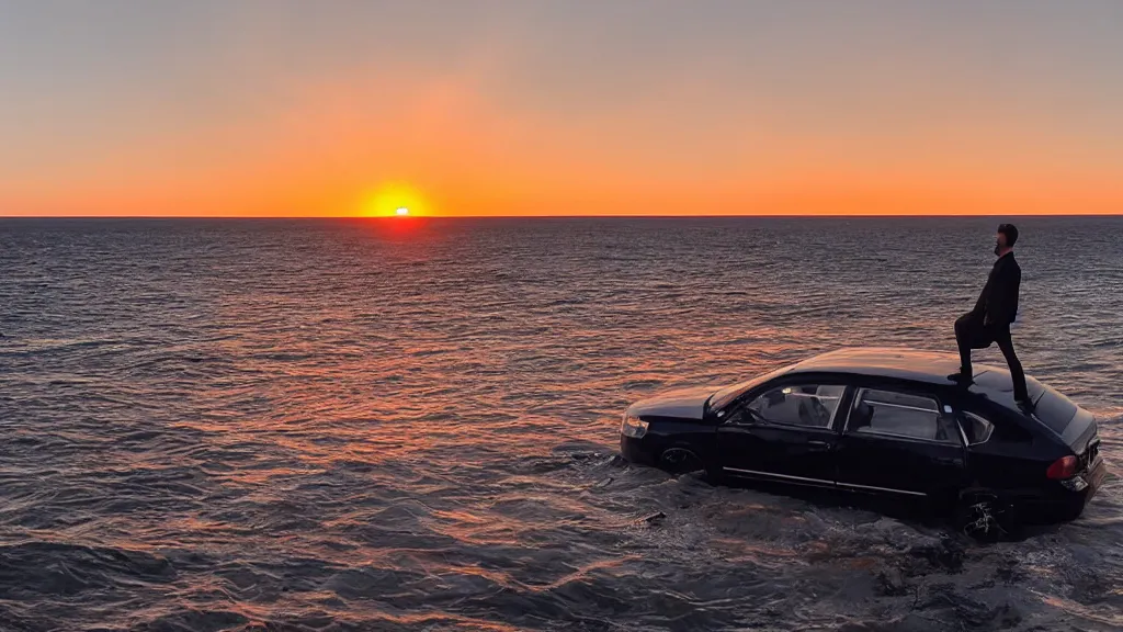 Prompt: a movie still of a man standing on the roof of a car driving through the ocean at sunset, golden hour