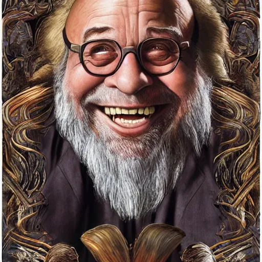 Prompt: Danny DeVito as angry wizard in adventure movie, highly detailed, sharp focus, digital painting, artwork by Victor Adame Minguez + Yuumei + Tom Lovell + Sandro Botticelli