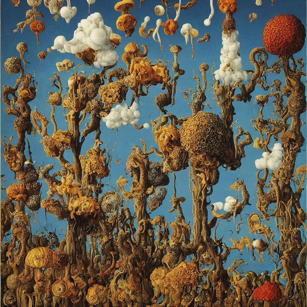 Image similar to a single colorful! ( lovecraftian ) fungus tower white! clear empty sky, a high contrast!! ultradetailed photorealistic painting by jan van eyck, audubon, rene magritte, agnes pelton, max ernst, walton ford, andreas achenbach, ernst haeckel, hard lighting, masterpiece