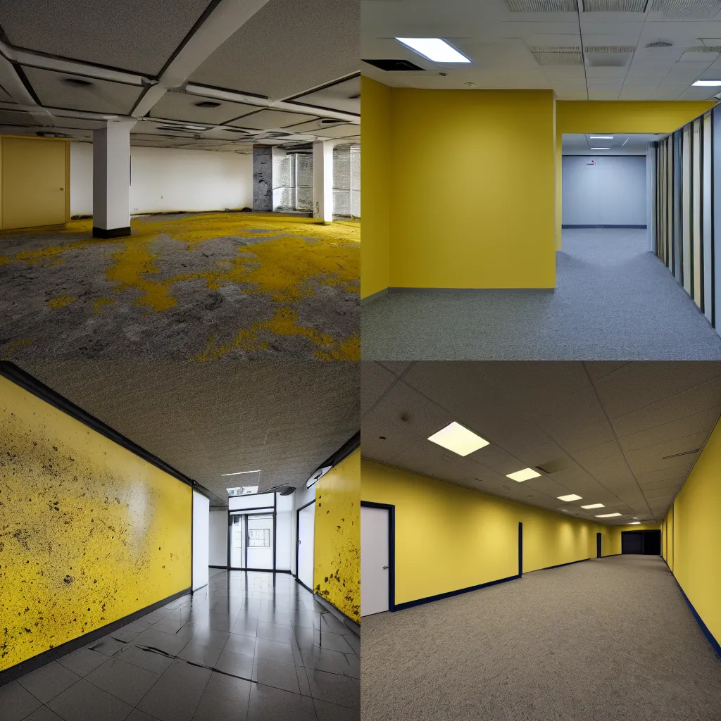 Prompt: An old office space, empty, moldy, yellow, liminal spaces, protgraphy, 4k