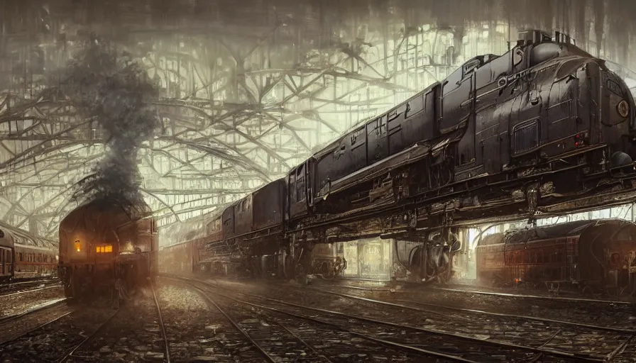 Prompt: Dieselpunk railway station, steam, epic composition, diesel trains, intricate, elegant, volumetric lighting, digital painting, highly detailed, artstation, sharp focus, illustration, concept art, ruan jia, steve mccurry