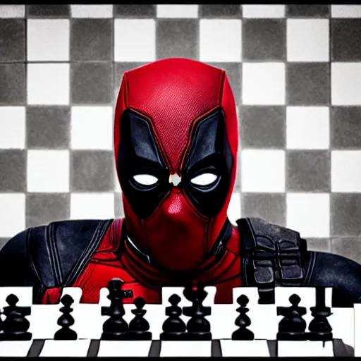 Image similar to deadpool playing chess, photography, marvel, movie,