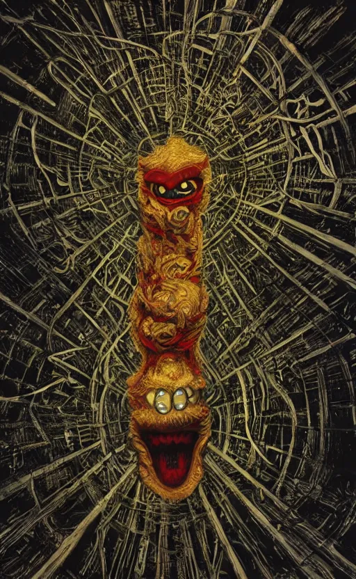 Image similar to portrait of lovecraftian elmo in the middle of it, surrounded by beams of light dark background by wayne barlow, stanley donwood, anton semenov, zdzislaw bekinski, hr giger, 8 k, fantasy, dark, highly detailed