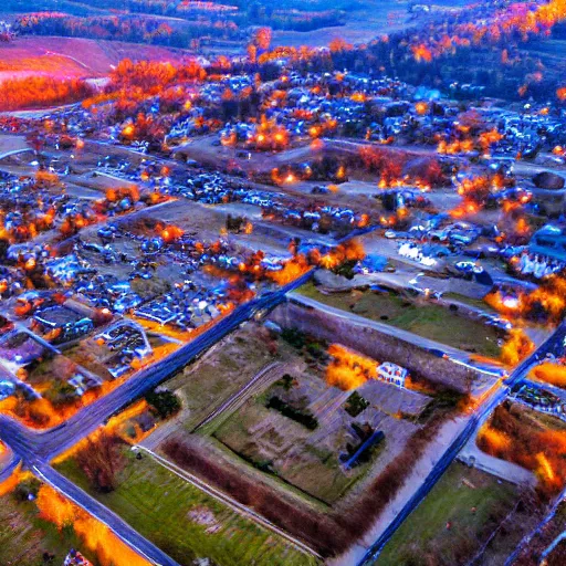 Image similar to birds eye view of a small town in pennsylvania with a gate to hell opening in the middle of it, high resolution photograph, intense, dawn light