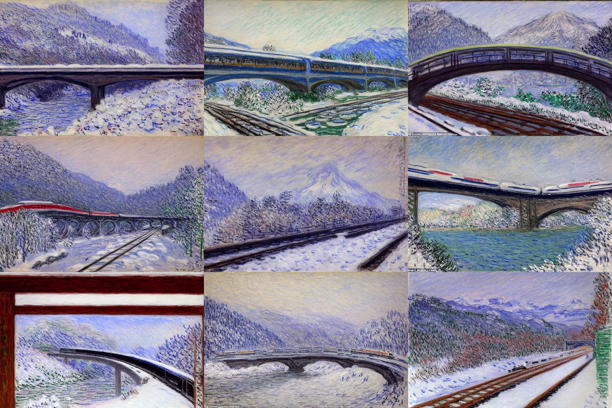 Prompt: shinkansen on a bridge over a river, about to enter a tunnel in a mountainous landscape of snow capped peaks and it is currently snowing, painting by claude monet