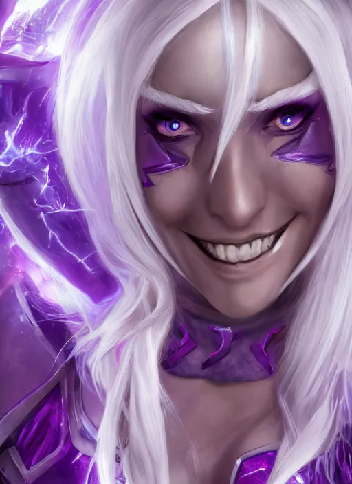 Prompt: smiling syndra, from league of legends, white hair, purple magic, hyper detailed, digital art, au naturel, with abs, trending in artstation, cinematic lighting, studio quality, smooth render, unreal engine 5 rendered, octane rendered, art style by klimt and nixeu and ian sprigger and wlop and krenz cushart