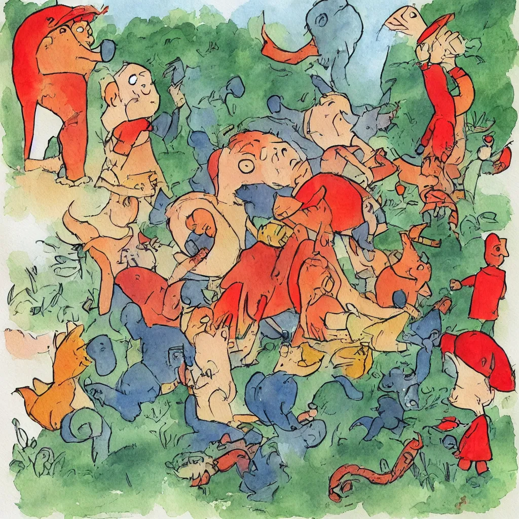 Image similar to babar discovers fire children's illustration watercolor painting