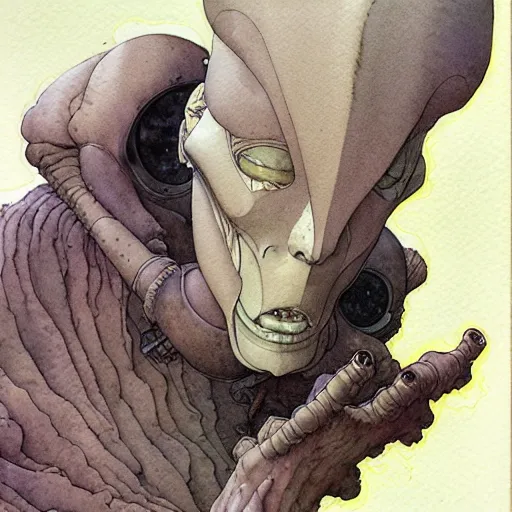 Image similar to a simple and atmospheric watercolour portrait of a pulp sci - fi alien, very muted colors, by rebecca guay, michael kaluta, charles vess and jean moebius giraud