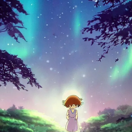 Image similar to in studio ghibli, moving castle, photo realistic, forest with detail, little girl dreaming with beautiful sky, aurora, supernova